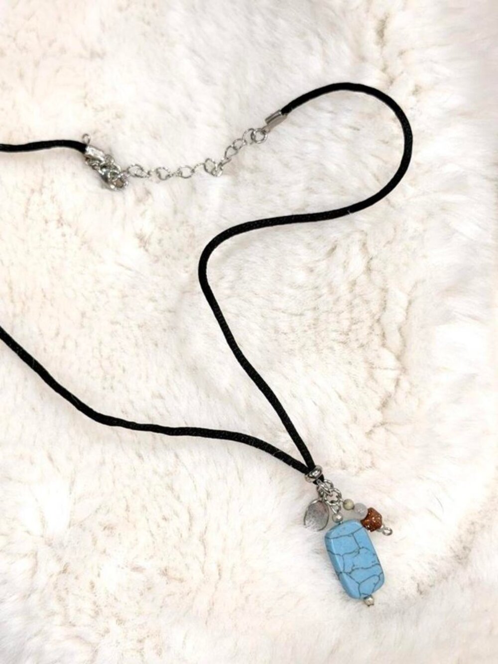 Blue Turquoise Pendant Necklace Black Cord Silver Accents Beads